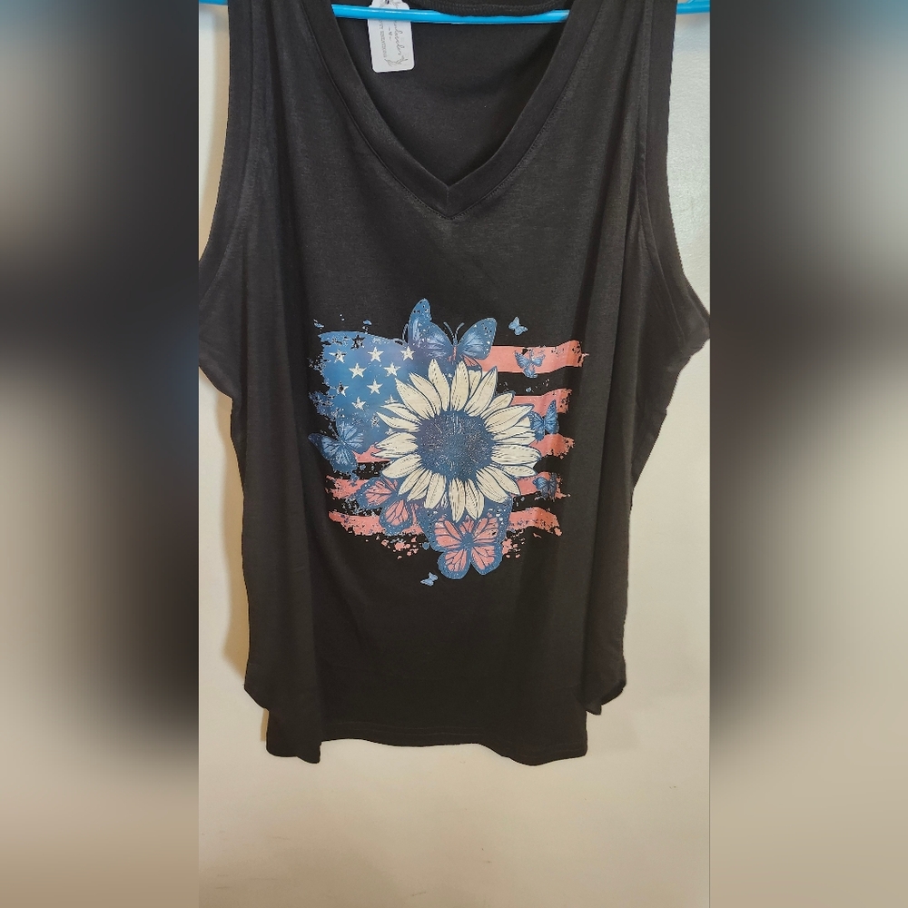 Hand Crafted Black Tank Top with Floral and Flag Design